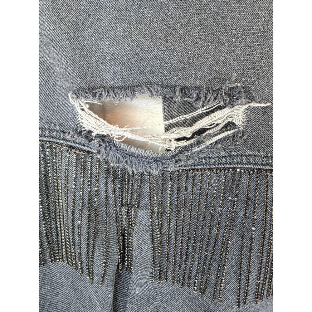 Blue B Collection Washed Black Cropped Distressed Denim Jacket Rhinestone Fringe - Picture 12 of 12